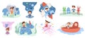 Kids cartoon imagination, children fantasy world. Cute baby imagine magical creatures friends vector illustration set