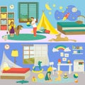 Kids cartoon room interior with animal pet vector illustration. Cute boy girl person at domestic background, little Royalty Free Stock Photo