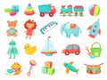 Kids cartoon toys. Baby doll, train on railway, ball, cars, boat, boys and girls fun isolated plastic toy vector Royalty Free Stock Photo