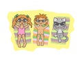 Kids and cat laying on the beach, sunbathing. Vector cartoon illustration. Summer Royalty Free Stock Photo