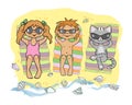 Kids and cat in sun glasses sunbathing on the beach. Vector cartoon illustration. Sea shells and sand background Royalty Free Stock Photo