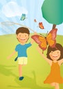 kids catching butterflies with net. Vector illustration decorative design