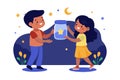 Kids catching fireflies in a jar at night Royalty Free Stock Photo