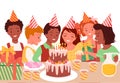 Kids celebrate birthday party, fun celebration, happy children sitting at holiday table