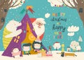 Kids celebrating Christmas with animals and Santa in a teepee tent