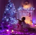 Kids Celebrating Christmas, Child and Baby, Decorated Xmas Tree Royalty Free Stock Photo