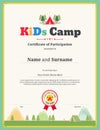 Kids certificate template in vector for camping participation Royalty Free Stock Photo