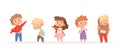 Kids changing clothes. Children dressing pants and shoes parents helping and teaching vector cartoon funny peoples Royalty Free Stock Photo