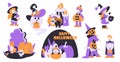 Kids Character at Halloween Dressed in Costume Enjoy Night Party Vector Set Royalty Free Stock Photo