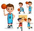 Kids character playing basketball vector set. Young school boy wearing basketball uniform Royalty Free Stock Photo