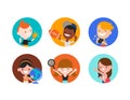 kids character with various objects in flat design style isolated. Diversity children portrait with their hobbies. Vector cartoon