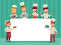 Kids chefs frame. Children cooks, little chef cooking food and restaurant kitchen students cartoon vector illustration Royalty Free Stock Photo