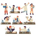 Kids Chemist and Scientist in Chemistry Lab Doing Scientific Experiment Vector Set Royalty Free Stock Photo
