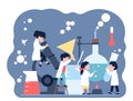 Kids chemistry characters. Chemical children experiment, scientific knowledge or lesson. Little students with laboratory