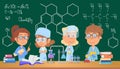 Kids chemistry science. Cartoon labs scientist, children in medical uniform. School lesson in class, laboratory child