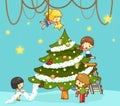 Kids children with boy and girl friends are decorating giant christmas tree with ornaments toy rainbow balls and decoration star Royalty Free Stock Photo