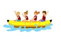 Kids children riding banana boat.