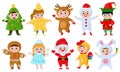 Kids in Christmas costumes. Cartoon children wearing funny carnival costumes, little santa, reindeer and elf vector