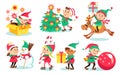 Kids christmas elves. Children in holiday costumes, happy little Santa helpers, fantasy people with gifts, new year