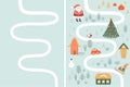 Kids Christmas map creator. Winter adventure map, forest, Santa, houses, snowman. Christmas travel. Vector kids map.