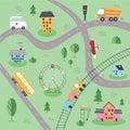 Kids City map with roads and transport. Hand drawn cars, trucks, buses, houses and roads