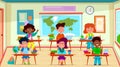 Kids in classroom. Primary school happy children boys and girls on lesson learning knowledges in class interior. Flat Royalty Free Stock Photo