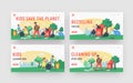 Kids Cleaning City Park, Save Planet Landing Page Template Set. Children Characters Cleaning Garden, Garbage Recycling