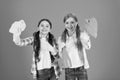 Kids cleaning together. Nice and tidy. Girls with mist spray and rag ready for cleaning. Household duties. Little helper Royalty Free Stock Photo