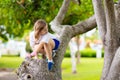 Kids climb tree in summer park. Child climbing Royalty Free Stock Photo