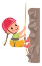 Kids climbing rock. Children sport activity. Extreme hiking tourism. Young mountaineer with rope or helmet. Teenager