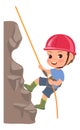 Kids climbing rock. Children sport activity. Teenager clambering cliff with mountaineering equipment. Extreme hiking