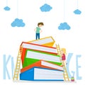 Kids climbing on stairs to the large stack of books. Illustration of kids education. Vector illustration.