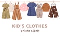 Kids clothes hanging, ad banner for online store. Childrens apparels on hangers border. Summer wearing, girls wardrobe Royalty Free Stock Photo