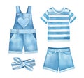 Kids clothes water color illustration set: denim shorts, overalls, light blue and white striped t-shirt and head wrap.