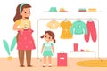 Kids clothing store. Girl with mother in boutique. Family shopping. Mom helps daughter choose dress. Child and parent