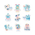 Kids club and babe toyshop logo design set, badges with cute animals and birds can be used for baby shop, education Royalty Free Stock Photo