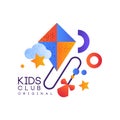 Kids club logo original, colorful creative label template, playground or entertainment club badge with kite vector