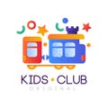 Kids club logo original, colorful creative label template, playground or entertainment club badge with toy train vector Royalty Free Stock Photo