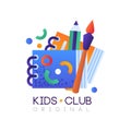 Kids club logo original, creative label template, science education curricular club badge vector Illustration on a white