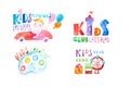 Kids club logo templates or promotional symbols set hand-drawn with watercolor on white paper Royalty Free Stock Photo