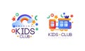 Kids Club Original Logo Design Set, Kindergarten, Playground, Game Area Bright Labels Flat Vector Illustration