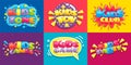 Kids club posters. Toys fun playing zone, children games party and play area poster vector illustration set Royalty Free Stock Photo