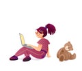 Concept of child internet addiction. Girl teenager sitting with laptop