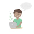 Kids coding. Happy boy sitting at his desk and learning coding with his tablet. Vector illustration.