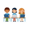 Kids coding and learning on laptops: Diverse children using computers in class Royalty Free Stock Photo