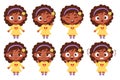 kids collection of emotions. Cute dark-skinned girl with different facial expressions and feelings - happiness, crying Royalty Free Stock Photo