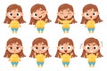 kids collection of emotions. Cute girl in full growth with different facial expressions and feelings - happiness, crying Royalty Free Stock Photo