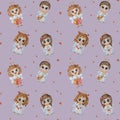 Kids collection of seamless patterns. Cute children angels - girls and boys with on a purple background with hearts Royalty Free Stock Photo