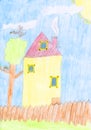 Kids colored pencil drawing of a house with the fence, tree and birds nest