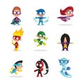 Kids in colorful superhero costumes set, funny boys and girls characters cartoon vector Illustrations Royalty Free Stock Photo